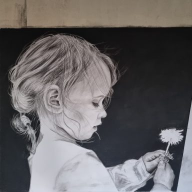 Mädchen mit Löwenzahn. Stufe 4.