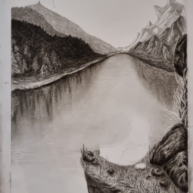 Ein Stein in Form einer Sichel in einer Landschaft. Stufe 3.